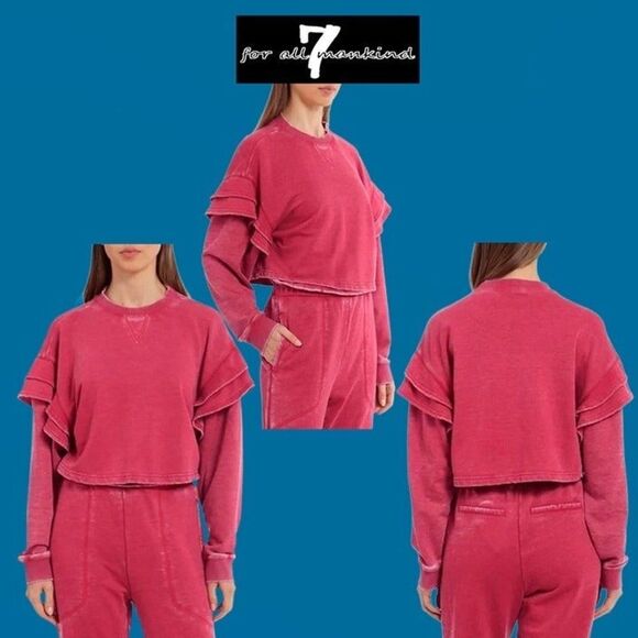 7 FOR ALL MANKIND NEW RED BERRY Ruffled Drop Shoulders Cropped Sweatshirt - Picture 3 of 11